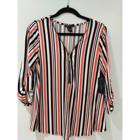 Robert Louis Tops - Robert Louis Women’s Small Striped Blouse Zip V-Neck 3/4 Sleeve Top